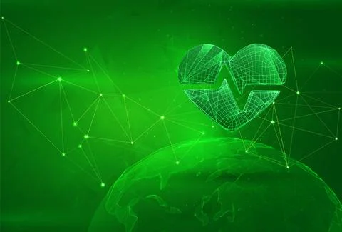 Object over a polygonal planet, on a green background. global data calculatio Illustrazione stock