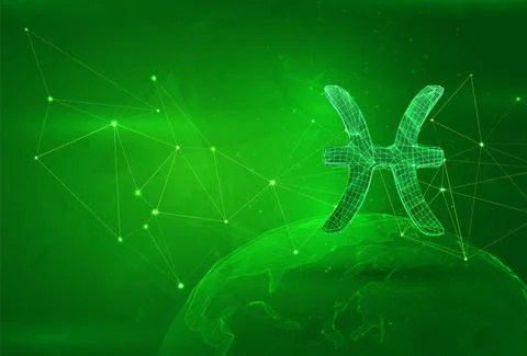 Object over a polygonal planet, on a green background. global data calculatio イラスト素材