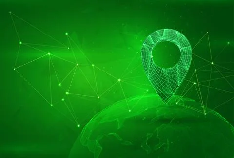 Object over a polygonal planet, on a green background. global data calculatio イラスト素材