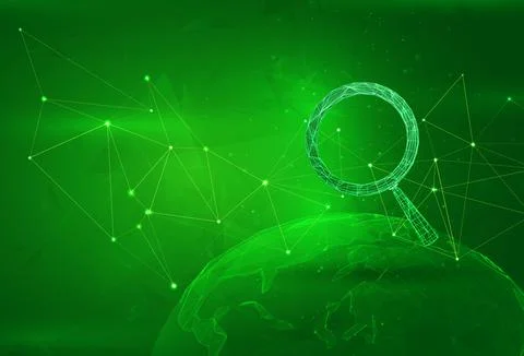 Object over a polygonal planet, on a green background. global data calculatio Illustrazione stock