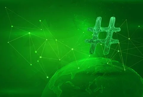 Object over a polygonal planet, on a green background. global data calculatio Illustrazione stock
