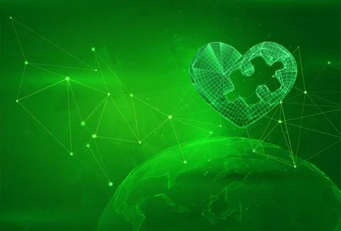 Object over a polygonal planet, on a green background. global data calculatio Illustrazione stock