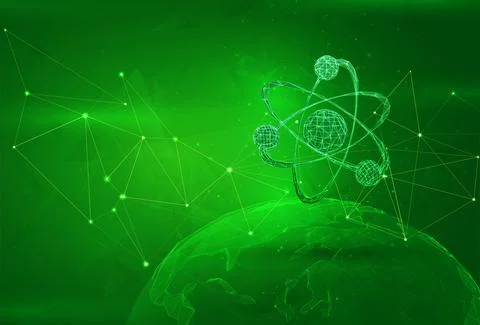 Object over a polygonal planet, on a green background. global data calculatio イラスト素材