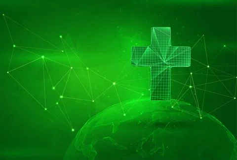 Object over a polygonal planet, on a green background. global data calculatio Illustrazione stock