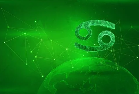 Object over a polygonal planet, on a green background. global data calculatio Illustrazione stock