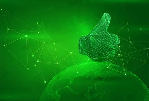 Object over a polygonal planet, on a green background. global data calculatio Illustrazione stock