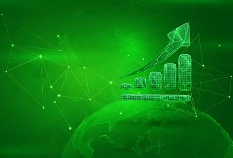 Object over a polygonal planet, on a green background. global data calculatio Illustrazione stock