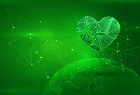 Object over a polygonal planet, on a green background. global data calculatio Illustrazione stock