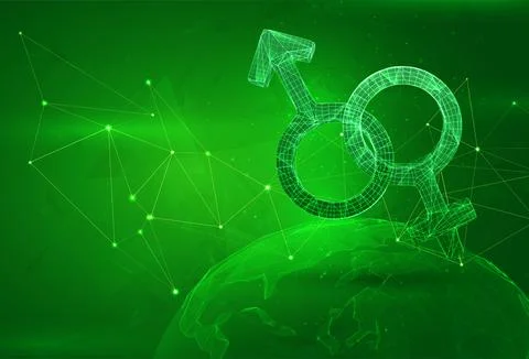 Object over a polygonal planet, on a green background. global data calculatio Illustrazione stock