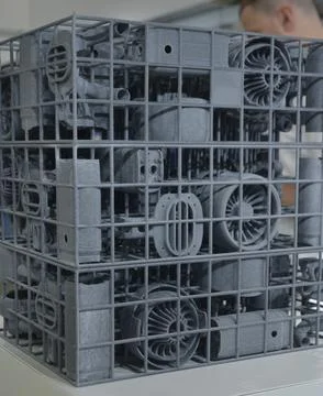 Object printed on 3D printer from molten plastic powder close-up. Model printed Stock Photos