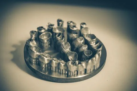 Object printed on metal 3d printer. Dental crowns Foto stock