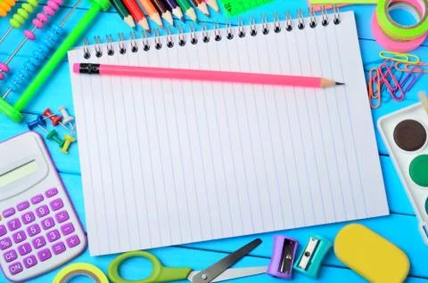 Object school on blue table Stock Photos