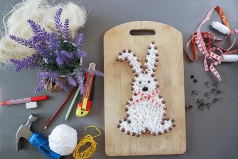 Object Of String Art From White Yarn. Home Crafts To Easter Stock Photos