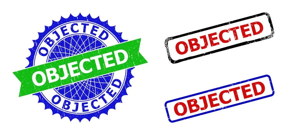 OBJECTED Rosette and Rectangle Bicolor Badges with Grunge Textures Stock Illustration