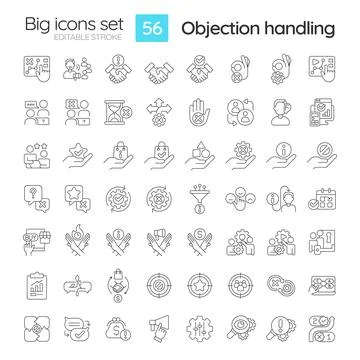Objection handling linear icons set Stock Illustration