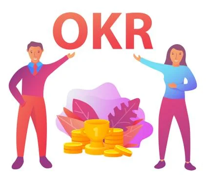 Objective key result concept.Business banner.Teamwork success man and woman c Stock Illustration