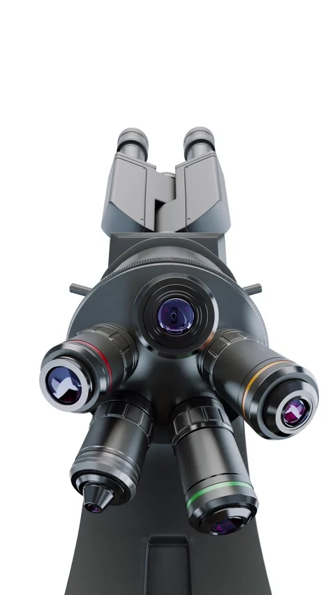 Objective lenses being turned above microscope stage. White back. 3D render Stock Footage 295794771