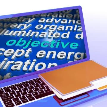 Objective  In Word Cloud Laptop Shows Aims Goals Or Aspirations Illustrazione stock
