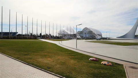 Objects of the 2014 winter Olympics and attractions in the Sochi Olympic Park Stock Footage 132651817