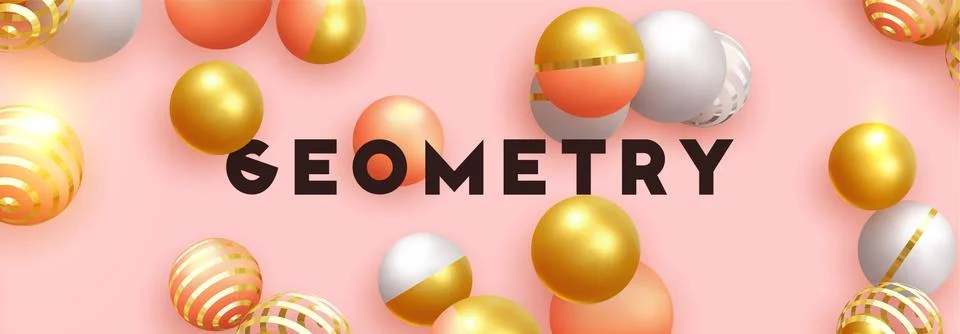 Objects 3d shape gold and silver ball, volumetric round spheres white and pin Stock Illustration