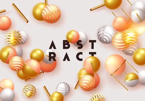 Objects 3d shape gold and silver ball, volumetric round spheres white and pin Stock Illustration
