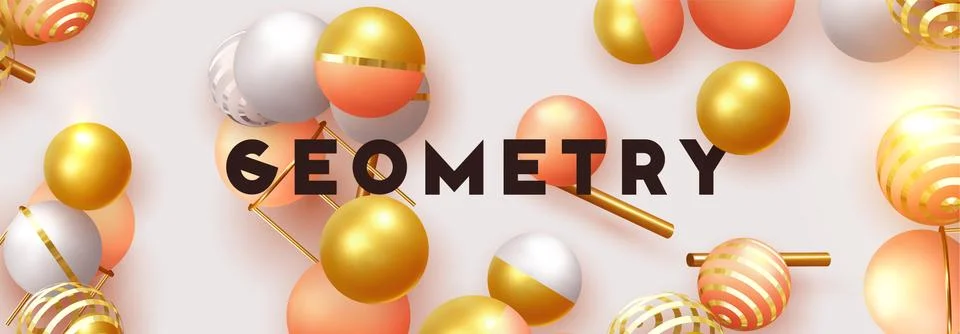 Objects 3d shape gold and silver ball, volumetric round spheres white and pin Stock Illustration