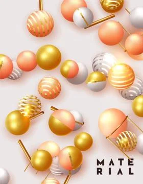 Objects 3d shape gold and silver ball, volumetric round spheres white and pin Stock Illustration