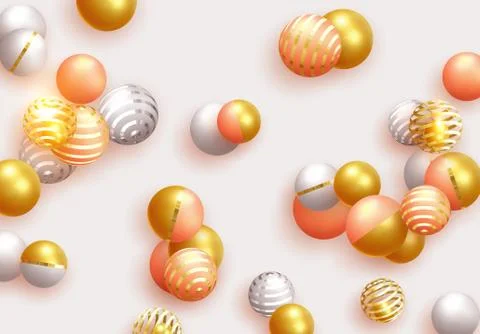 Objects 3d shape gold and silver ball, volumetric round spheres white and pin Illustrazione stock