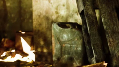 Objects and debris found in a dimly lit space in an abandoned building Stock Footage 345007896