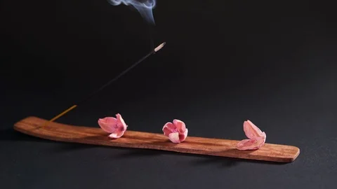 Objects for aromatherapy on a dark background, close-up. Incense and dry pink Stock Footage 125334705