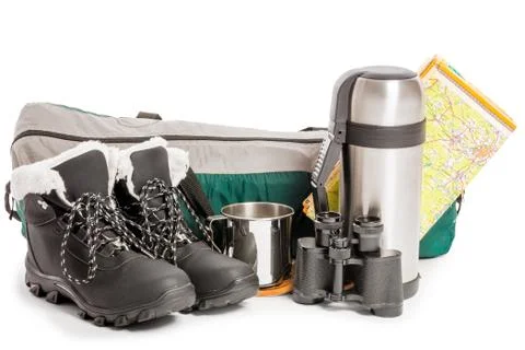 Objects for camping isolated on white background Stock Photos