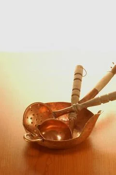 Objects of  cooper in kitchen antique and decorative utensills historical Stock Photos