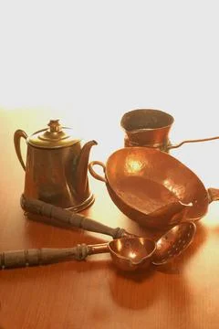 Objects of  cooper in kitchen antique and decorative utensills historical teapot Stock Photos