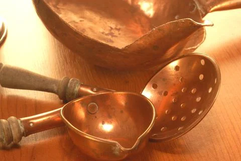 Objects of  cooper in kitchen antique and decorative utensills historical Stock Photos