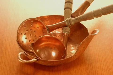 Objects of  cooper in kitchen antique and decorative utensills historical Stock Photos