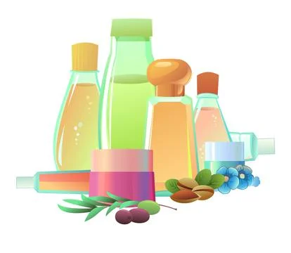 Objects Cosmetics creams and natural oils. Still life. Liquids for skin and hair Illustrazione stock