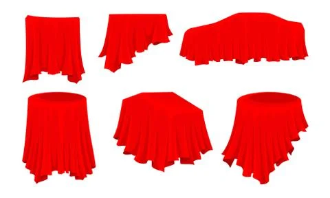 Objects Covered with Red Tablecloth Isolated on White Background Vector Set Stock Illustration