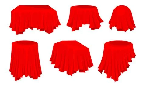 Objects Covered with Red Tablecloth Isolated on White Background Vector Set Stock Illustration