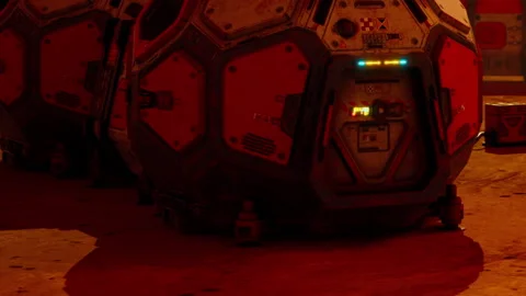 Objects in a dark environment with red lighting and electronic details Stock Footage 345064298