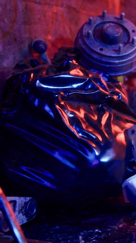 Objects in a dark space with light reflecting off trash bags and tools Stock Footage 331763146