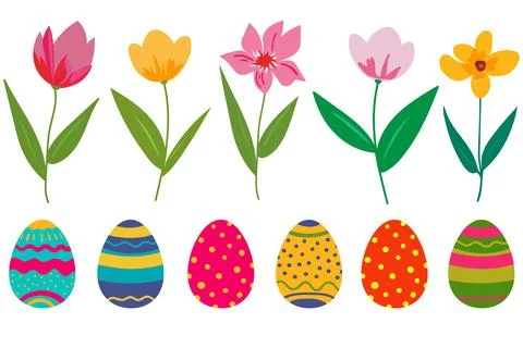 Objects of Easter eggs and flowers Stock Illustration