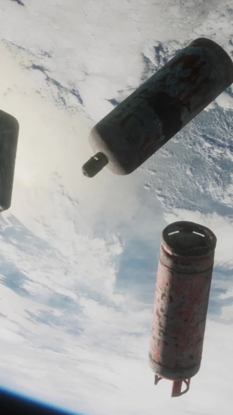 Objects floating above the Earth near the International Space Station Stock Footage 344959480