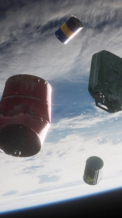 Objects floating in space above Earth during daylight hours Stock Footage 344962546