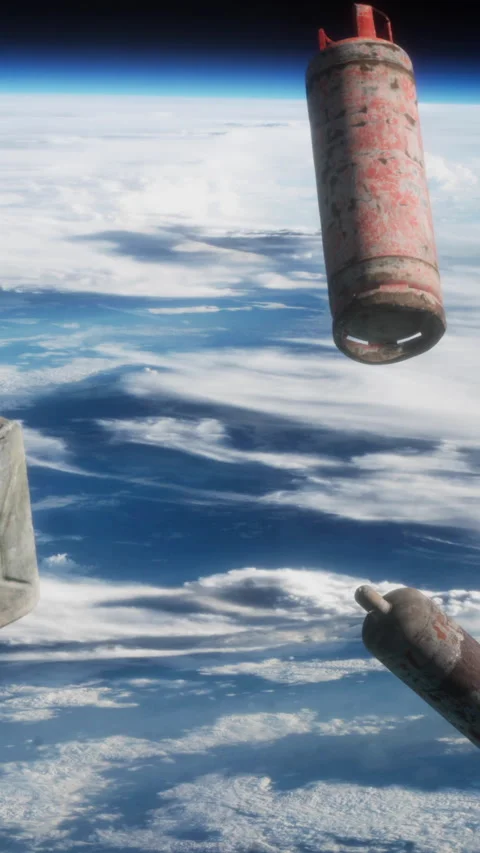 Objects floating in space above Earths atmosphere with clouds below Stock Footage 344959559