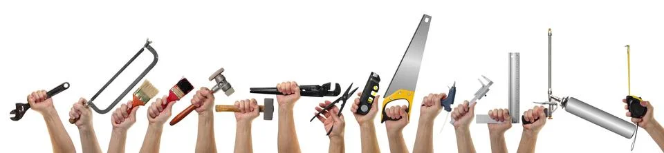 Objects hands action - Banner, collage. Hands hold building tools. Isolated Stock Photos
