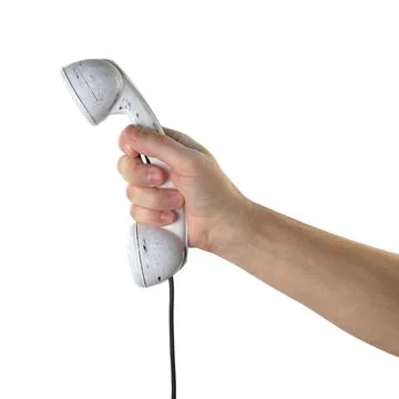 Objects Hands action - Hand holds retro phone white handset. Isolated Stock Photos