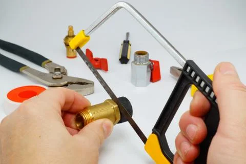 Objects hands action - Hand saw Hacksaw worker. Foto stock