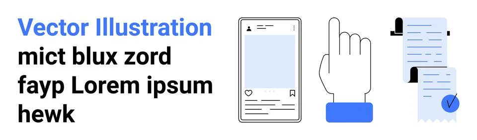 Objects include a smartphone, pointing hand, and documents with a blue checkm イラスト素材