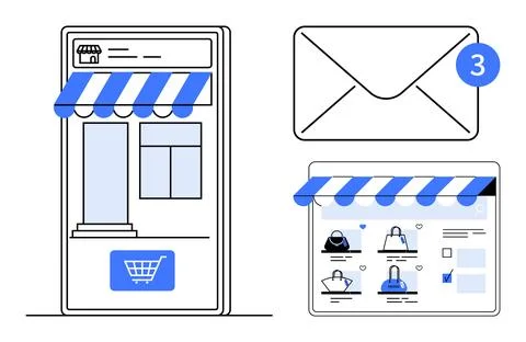 Objects include a smartphone storefront, email notification with 3 badge, and Stock Illustration