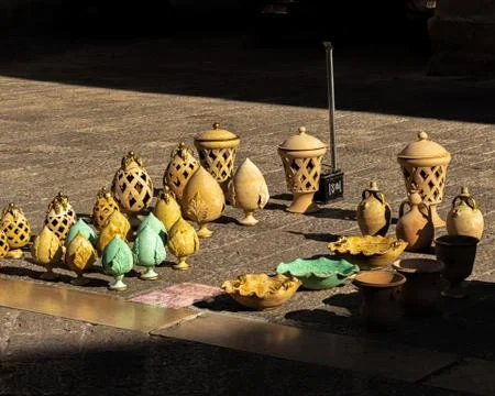 Objects in Lecce stone typical of the Salento artisan tradition displayed in  Stock Photos